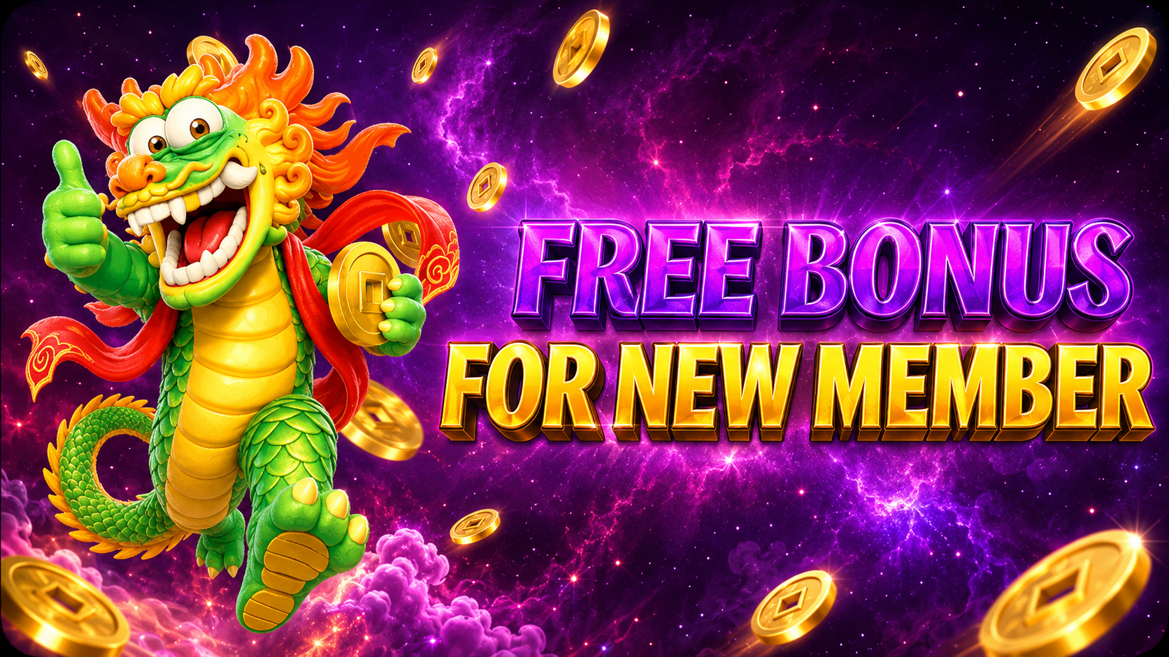 Free bonus for new member with lucky dragon and gold coins